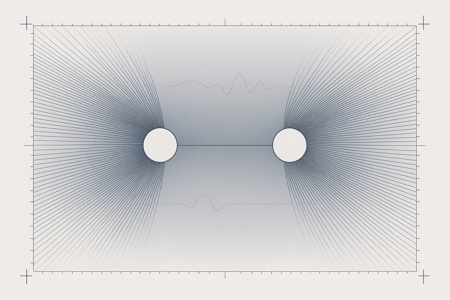 Abstract technical diagram on a cool porcelain field: two dense fans of fine steel-grey lines converge from opposite edges toward two small empty circles they never reach, the pair mirrored across the centre and joined by a single thin horizontal reference line, with graticule ticks along the margins.