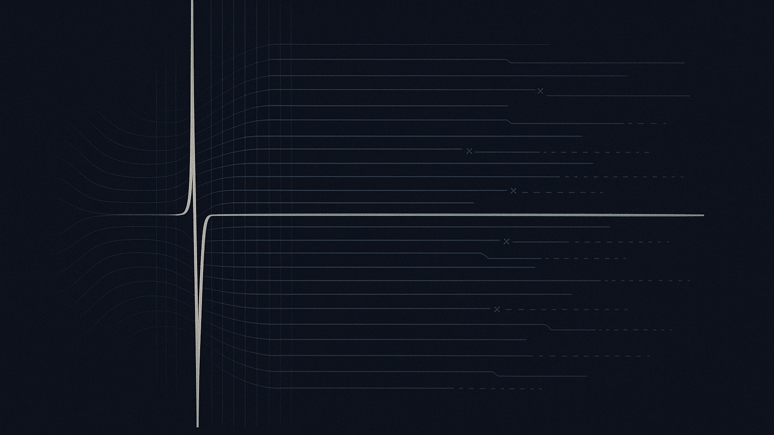 Abstract technical diagram on a deep blue-black field: a single sharp vertical impulse resolving into one unbroken pale trace, surrounded by many fainter parallel traces that step, break, and fade into dotted gaps marked with small crosses.