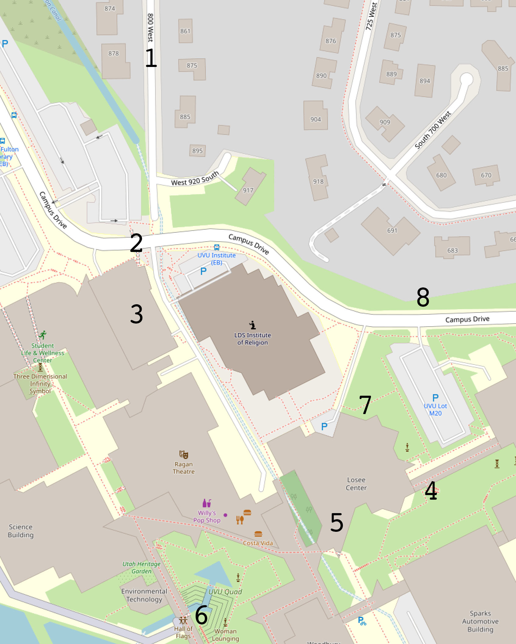 Campus map with building footprints and street names, the Losee Center and UVU Quad labeled, and eight numbered markers placed at points across the campus.