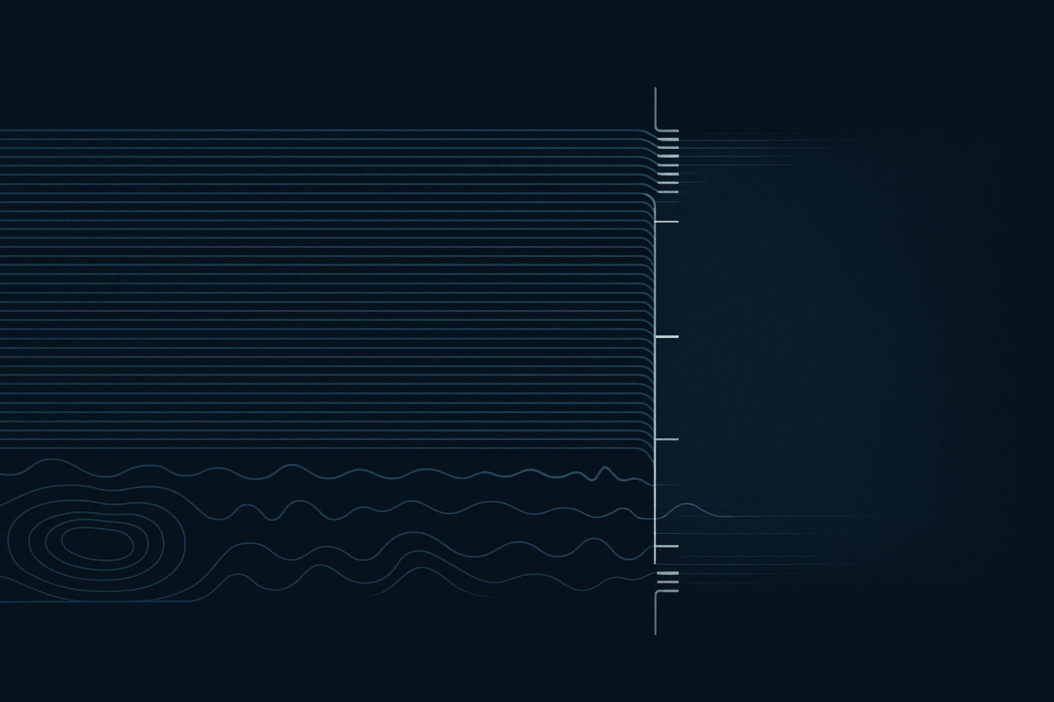 Abstract technical diagram on a deep Prussian-blue field: a dense bundle of fine parallel measurement traces runs from the left edge and meets a vertical boundary line partway across, where most of them stop against small registration ticks; a few continue past it into empty space, and concentric contour rings sit at the lower left.